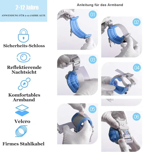 Vista 8 de Muñequera antipérdida, cadena reflectante azul para la muñeca con bloqueo infantil de 6.56 pies.