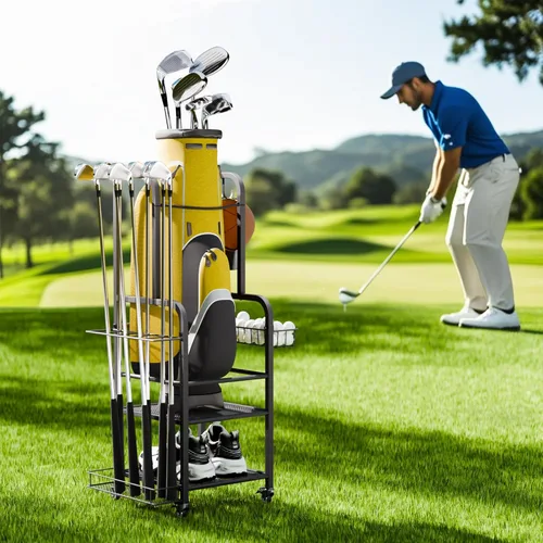 Vista 7 de niffgaff Golf Bag Organizer Golfing Storage Stand for Garage Golf Bags Golfing Rack with Wheels Black