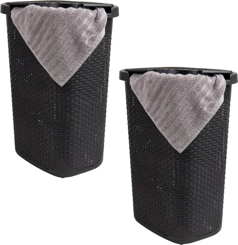 Vista 23 de Mind Reader Cesta delgada para ropa sucia de 60 L, cesta de ropa, tapa, diseño de mimbre, plástico, 17.65 pulgadas de largo x 13.75 pulgadas de Negro