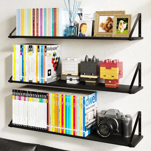 Vista 11 de BAMEOS Estantes flotantes de madera rústica, estantería pequeña para sala de estar, oficina, dormitorio, con soporte de metal