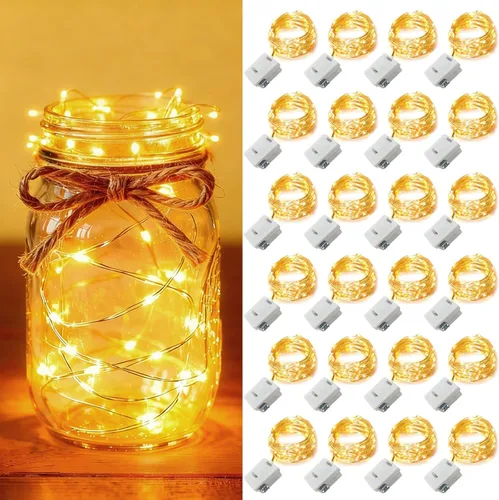 Vista 7 de Paquete de 24 luces de hadas que funcionan con pilas [3 modos], 2,1 metros, 20 luces LED mini centelleantes, impermeables, con alambre plateado