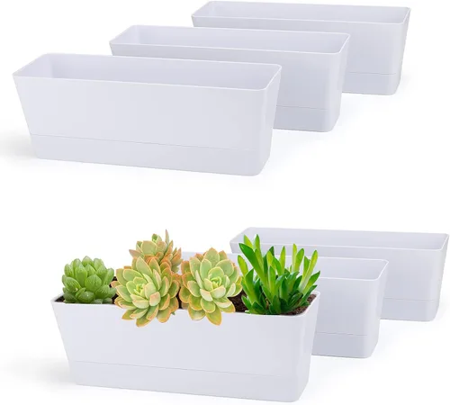 Vista 11 de GREANER Cajas de flores, paquete de 3 cajas rectangulares de ventana de 12 x 3.8 pulgadas, macetas de hierbas con bandeja, macetas de plástico