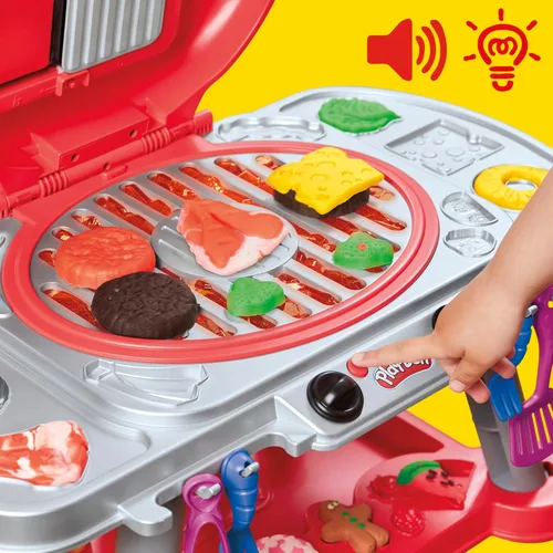 Vista 4 de Play-Doh Sizzlin' Grill - Juego de parrilla con luces y sonidos, 17 accesorios, juguetes de barbacoa para niños y niñas de 3+, comida de juguete