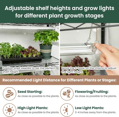 Vista 5 de SOLIGT Invernadero interior con luces de cultivo, estante para plantas de 5 niveles y 8 luces de espectro completo de 6000 K de 2 pies, cubierta