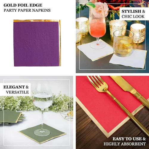 Vista 4 de Efavormart 50 Pack Servilletas de papel para fiestas de 2 capas suaves verde oliva con borde dorado de oro, servilletas para cenas, cócteles