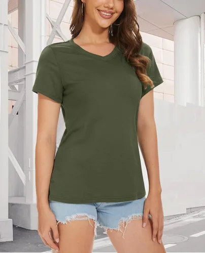 Vista 7 de MAGCOMSEN Camiseta de algodón para mujer, cuello en V, manga corta, corte clásico, casual, transpirable, camiseta básica de verano