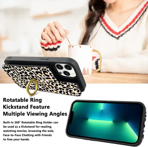 Vista 7 de Funda compatible con iPhone 13 Pro Max con tarjetero y rotación de 360°, soporte de anillo de dedo con función atril, bloqueo RFID, piel sintética