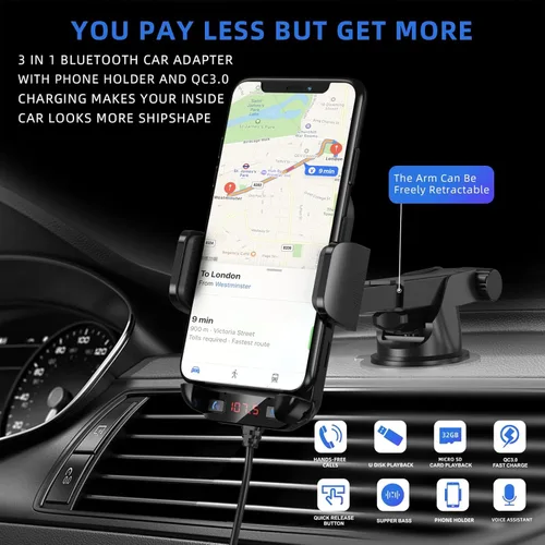 Vista 4 de Adaptador Bluetooth para automóvil 3 en 1, transmisor FM de radio para automóvil, transmisor Bluetooth con soporte para teléfono, carga rápida