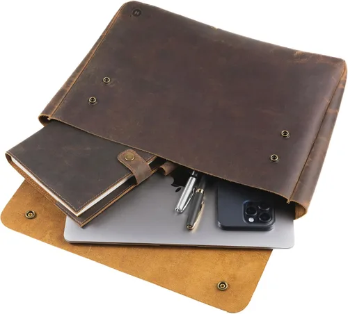 Vista 9 de MOONSTER - Bolsa de cuero para computadora portátil, funda de cartera, espaciosa, hecha a mano con diseño sin tirantes de cuero de búfalo de grano
