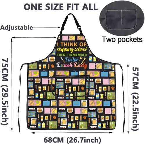 Vista 2 de CMNIM Delantal de almuerzo escolar con bolsillos, divertido delantal de almuerzo para dama o cafetería