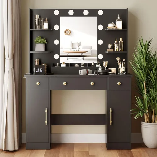 Vista 12 de Escritorio de maquillaje con espejo y luces, tocador negro de 43 pulgadas con parte superior de cristal, almacenamiento de joyas, 3 cajones
