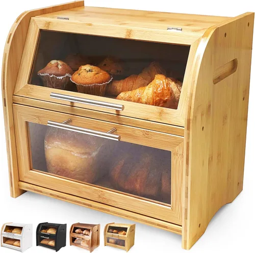 Vista 11 de Arise - Elegante caja de pan de acacia para encimera de cocina, contenedor de almacenamiento de pan de madera extra grande de 2 estantes