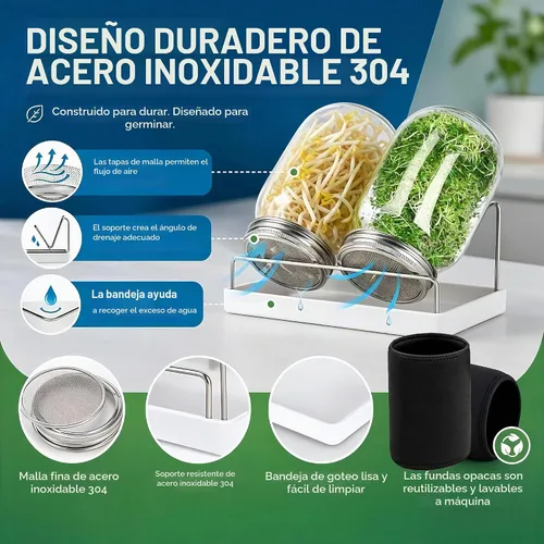 Vista 6 de Kit Premium de Frascos para Germinación 2 Piezas Frascos Mason Grandes de Boca Ancha Con Tapa de Malla para Brotes, Soporte para Frasco