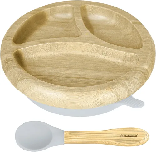 Vista 7 de Abiie Octopod - Plato de bambú para niños de 4 meses en adelante, platos para bebés de 3 compartimentos con succión, plato redondo de bambú
