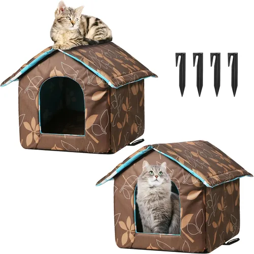 Vista 8 de 2 casas para gatos al aire libre y salvaje, refugio resistente a la intemperie con 4 estacas de tienda, 2 casas plegables con estampado de patas