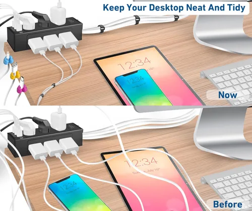 Vista 6 de Regleta de alimentación con abrazadera de escritorio con carga rápida USB-C, protector de sobretensiones de 9 tomas, regleta de alimentación que