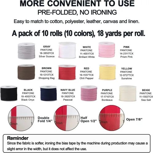 Vista 2 de Cinta al bies de doble pliegue de 1/4 de pulgada, cinta de unión bies de doble pliegue de 18 yardas por rollo para manualidades, costura, costura