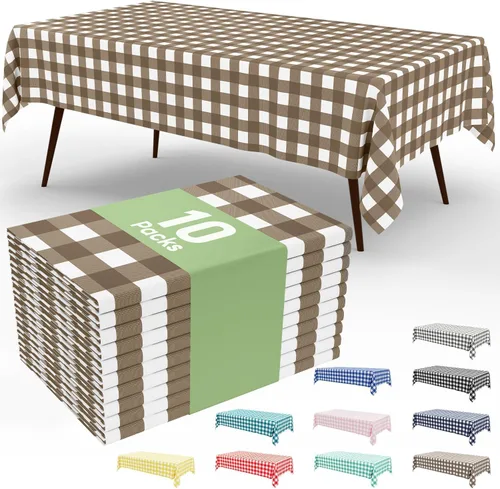 Vista 55 de Smiry Paquete de 3 Manteles Desechables de Cuadros Gingham Color Caqui - 54" x 72" Mantel de Plástico de Servicio Pesado, Cubiertas de Mesa