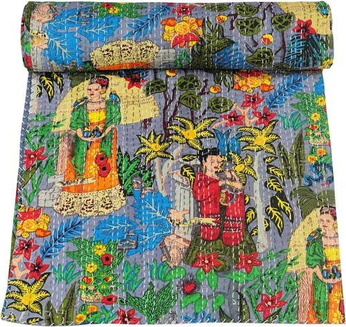 Vista 16 de Marubhumi Colcha de algodón puro Kantha con diseño tradicional indio de Farida (beige, individual (60 x 90 pulgadas)