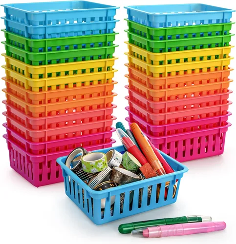 DEAYOU Paquete de 24 cestas de almacenamiento para el aula, pequeñas cestas de plástico para organizar, bandejas de almacenamiento coloridas,