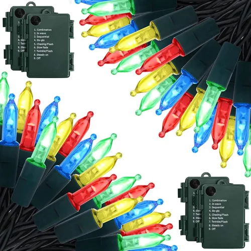 Vista 11 de Luces de Navidad a pilas, paquete de 2 mini tiras de 50 luces LED de 17 pies con 8 modos de temporizador automático, luces de árbol impermeables