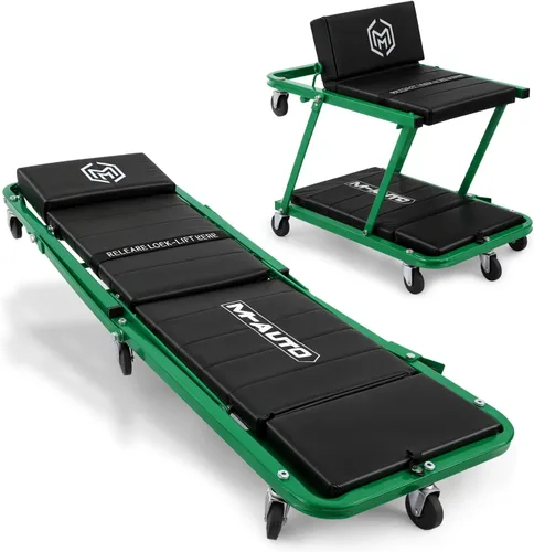 Vista 13 de M-AUTO Enredadera plegable en forma de Z de 2 en 1, silla rodante plegable para auto y asiento, 36" Silla de garaje ajustable con ruedas, capacidad