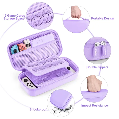 Vista 7 de innoAura Switch OLED Case 19-in-1 Bundle with Carrying Case, Game Organizer, Screen Protector, Stand and Thumb Grips (Purple)