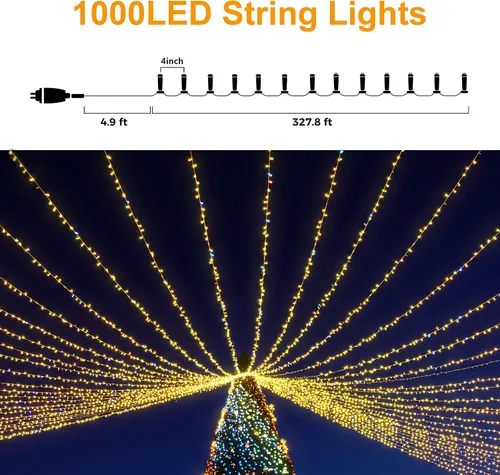 Vista 5 de LIGHTSHARE Guirnalda de Luces de 1000 LED de 328 Pies Blanco Cálido, 8 Modos 30V con Enchufe, Luces de Hadas con Control Remoto para Hogar Jardín