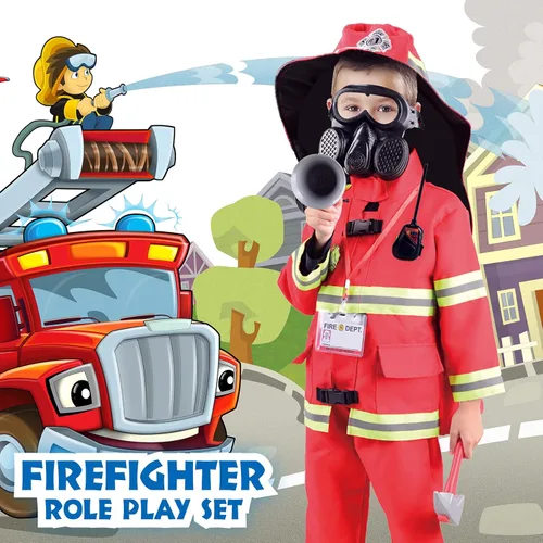 Vista 6 de Disfraz de bombero de 13 piezas para niños, disfraz de bombero para niños y niñas, jefe de bomberos, juego de rol con accesorios