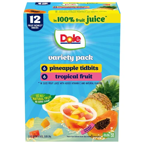 Dole Trozos de Piña y Frutas Tropicales en Jugo 100% Pack Variado - Dole Cuencos de Fruta Snacks - Cuencos de 4 oz - Paquete de 12