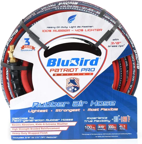 Vista 6 de BluBird PPPRO1225 Manguera de Aire de Goma Patriot Pro de Servicio Pesado 1/2" X 25' con Accesorios de Latón Sólido para Herramientas Neumáticas
