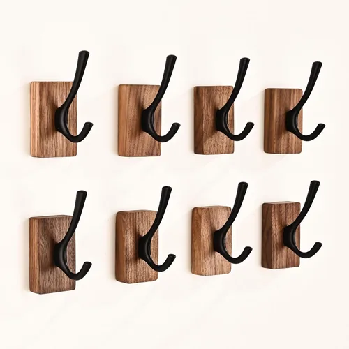 Vista 9 de Perchero de pared pequeño de madera de nogal de 17.3 pulgadas con 4 ganchos, colgador de chaquetas de madera resistente montado en puerta