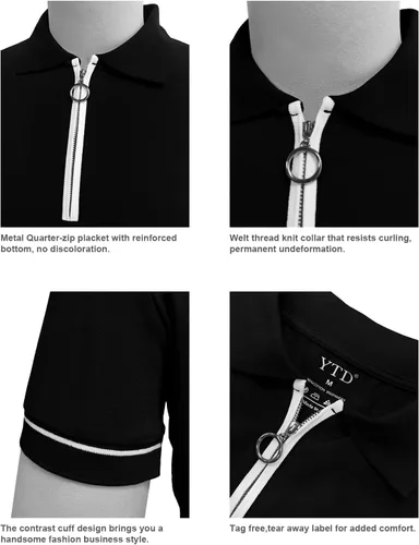 Vista 5 de YTD Camisas polo de manga corta para hombre, con cremallera de un cuarto, ajuste delgado, cuello de solapa, camisas de algodón de diseño básico