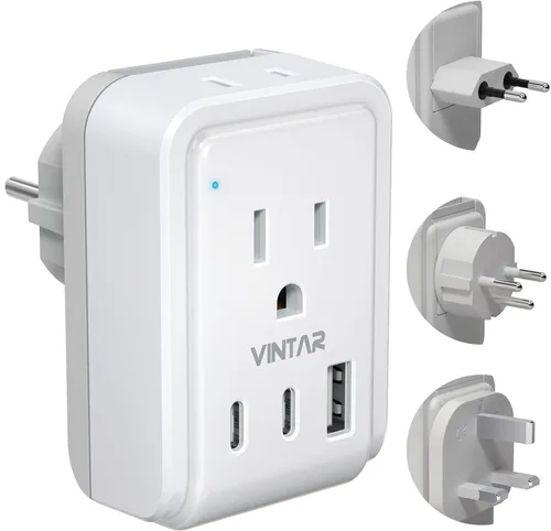 Vista 14 de VINTAR - Kit de adaptador de viaje universal, adaptador de enchufe internacional con 3 puertos USB (2 USB C, 3.4 A) y 2 salidas americanas, tipo A