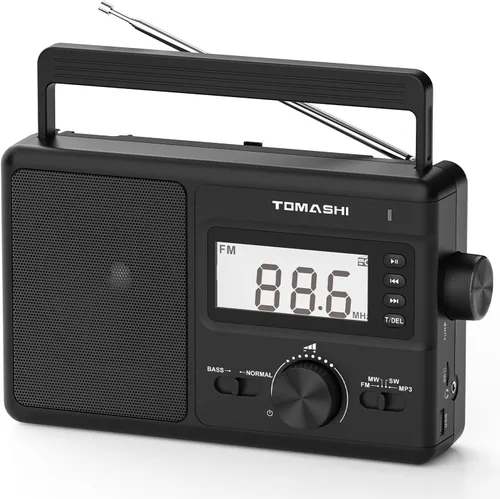 TOMASHI Radio portátil AM/FM/SW de 3 bandas, radio AM FM con reloj, funciona con pilas, Micro SD/USB para reproducción de MP3/WMA, pantalla LCD,