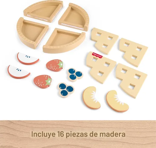 Vista 5 de Fisher-Price Juguete de Madera de Juego de Simulación Pastel de Frutas, Tiny Garden Conjunto de Rompecabezas de Comida de Madera de 16 Piezas