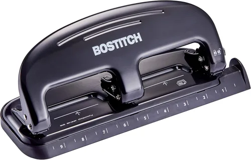 Bostitch Office EZ Squeeze - Perforadora estándar de 20 hojas de 3 agujeros, construcción de metal, plata/negro (HP20)
