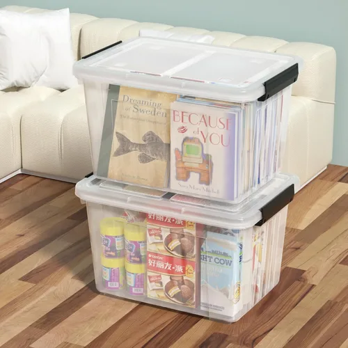 Vista 7 de Paquete de 4 contenedores con cierre de 30 litros con tapas y ruedas, cajas de almacenamiento de plástico grandes, contenedores apilables