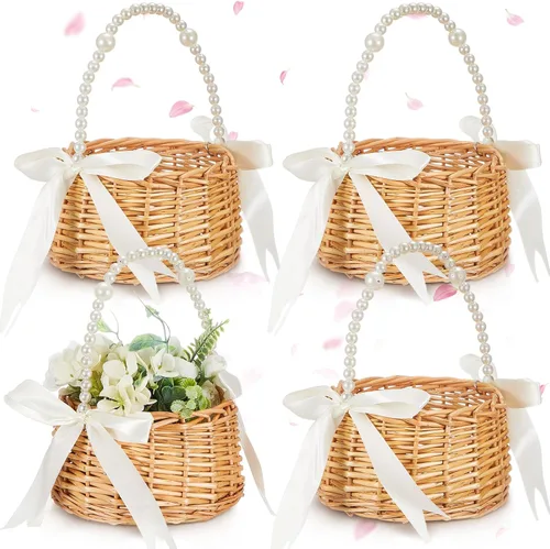 Vista 7 de Thyle 4 cestas para niña de las flores con asa, 7.87 x 4.33 pulgadas, ratán de mimbre, ligeras, marrón (hilo de cola de pez, perlas)