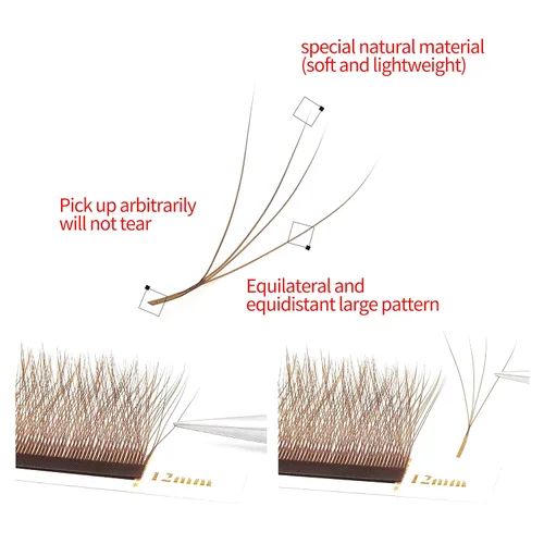 Vista 4 de Extensiones de pestañas marrones 4D en forma de W, Extensiones de pestañas de 0.07 mm de grosor, rizado D, 8 mm, Extensiones de pestañas