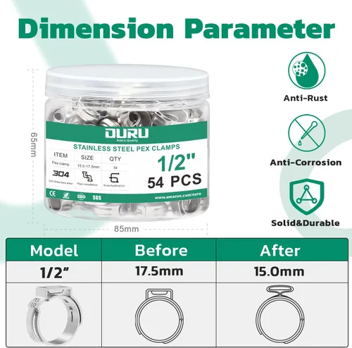 Vista 2 de OURU 54 piezas 1/2 Pex anillo de crimpado, abrazaderas Pex de acero inoxidable 304, abrazaderas de manguera de oreja única para accesorios Pex