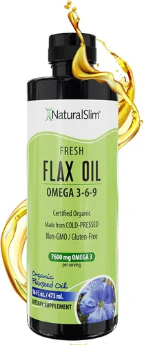 NaturalSlim Aceite de linaza líquido de sabor fresco, aceite de lino orgánico prensado en frío y alto en Omega 3 6 9 ácidos grasos, suplemento de