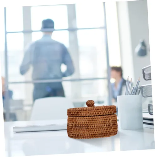 Vista 6 de Cesta redonda pequeña de mimbre con tapa, cesta de frutas tejida, cuencos de ratán para pan, bandeja de mimbre, cestas de almacenamiento