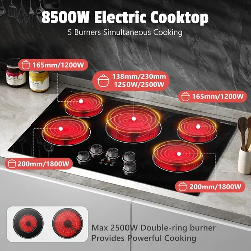 Vista 2 de Placa de cocción eléctrica empotrable de 30 pulgadas Karienvir, placa de cocción de 5 quemadores de 8500W, perilla antideslizante y control táctil