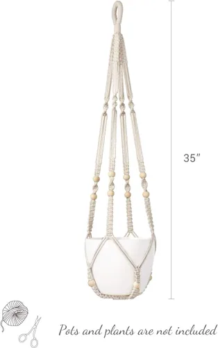 Vista 6 de Mkono Colgador de macramé para plantas de interior, cesta colgante con cuentas de madera, soporte decorativo para macetas, sin borlas