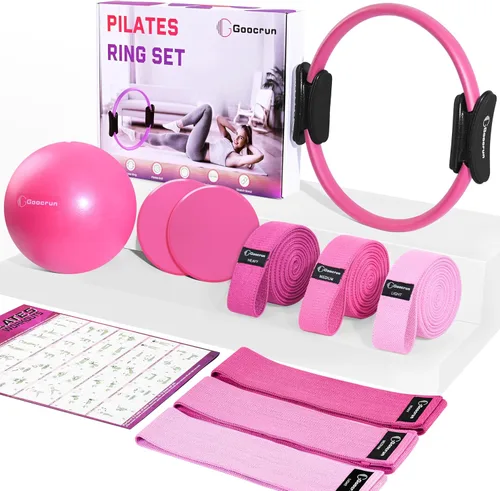 Vista 10 de Goocrun Juego de anillos de pilates equipo de ejercicio, con juego de bandas de resistencia al ejercicio, pelota de pilates, discos deslizantes.