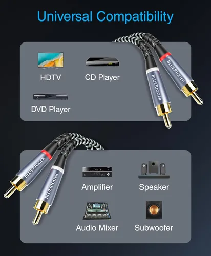 Vista 6 de BlueRigger Cable RCA, 6 pies (2RCA macho a cable de audio estéreo 2RCA, trenzado, chapado en oro, subwoofer) - Compatible con cine en casa