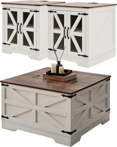 Vista 12 de Juego de mesa auxiliar de granja con estación de carga, mesas de sala de estar con almacenamiento oculto, mesas de noche cuadradas de madera, mesita