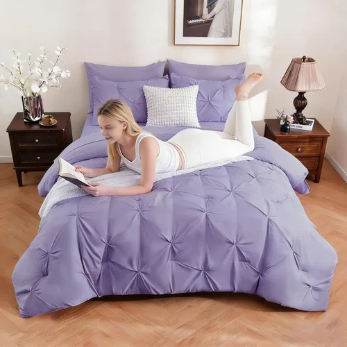 Vista 2 de DOWNCOOL Juego de edredón de 7 piezas color púrpura lavanda tamaño completo, cama en una bolsa con pintuck, juego de cama tamaño completo