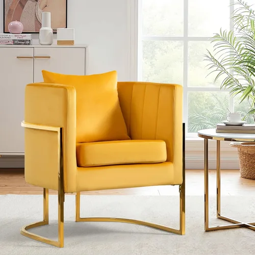 Vista 26 de Silla moderna de cuero, sillón tapizado de mediados de siglo con almohada para sala de estar, cómoda silla de tocador individual con patas doradas